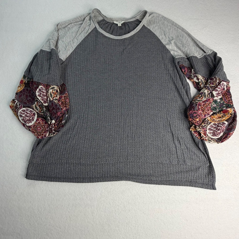 Umgee Gray Waffle Knit Boho Mixed Media Balloon Sleeve Top Small Festival